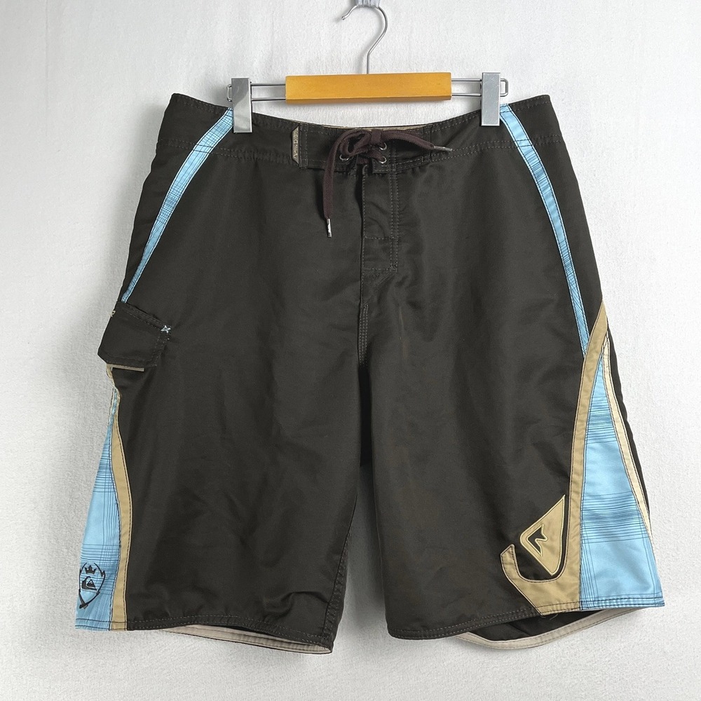 Vintage Quiksilver Mens Brown Blue Board Shorts Surf Swim Trunks Size 33 Skate